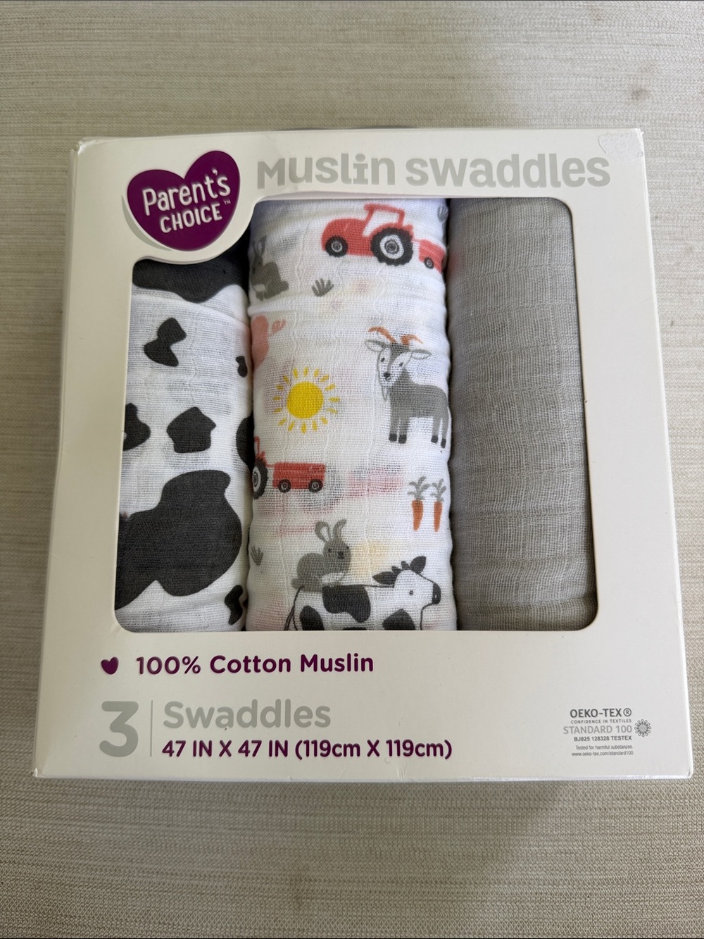 Parent's Choice Muslin Swaddles - Farm Animal & Gray Set